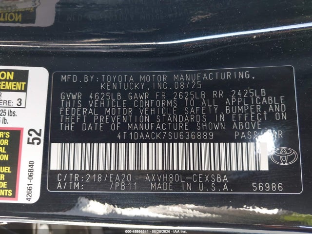 Продажа на аукционе авто 2025 Toyota Camry Se, vin: 4T1DAACK7SU636889, номер лота: 45996541