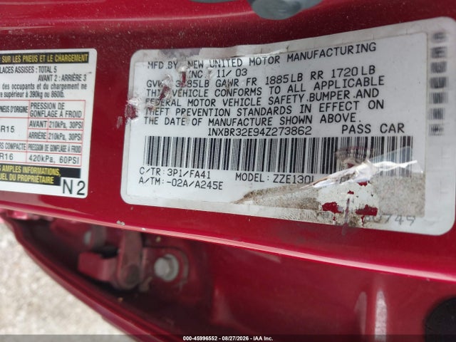 45996552 :رقم المزاد ، 1NXBR32E94Z273862 vin ، 2004 Toyota Corolla Le مزاد بيع