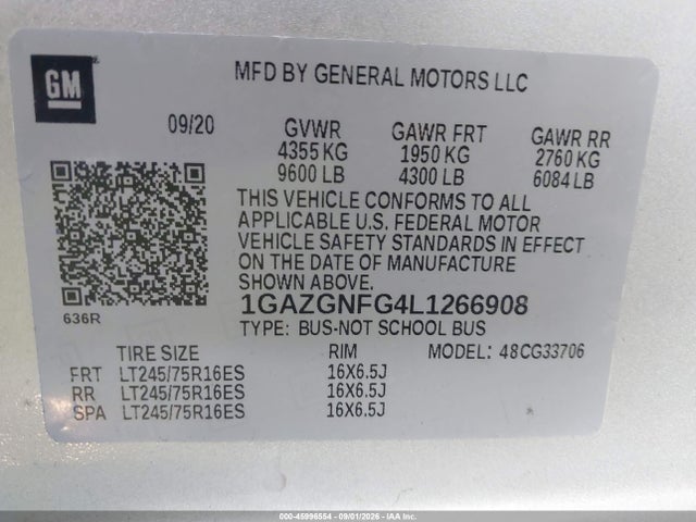 2020 Chevrolet Express Passenger Rwd 3500 Extended Wheelbase Ls მანქანა იყიდება აუქციონზე, vin: 1GAZGNFG4L1266908, აუქციონის ნომერი: 45996554