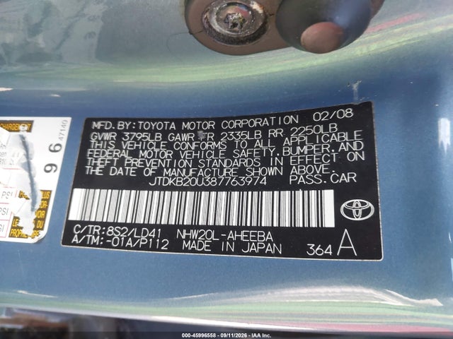 45996558 :رقم المزاد ، JTDKB20U387763974 vin ، 2008 Toyota Prius Touring مزاد بيع