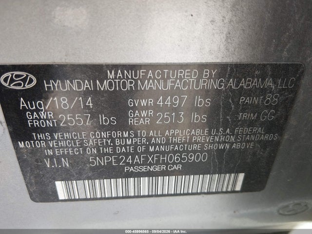 2015 Hyundai Sonata Se მანქანა იყიდება აუქციონზე, vin: 5NPE24AFXFH065900, აუქციონის ნომერი: 45996565