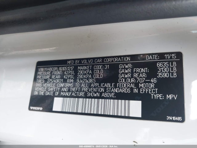 Продажа на аукционе авто 2016 Volvo Xc90 Hybrid T8 Inscription, vin: YV4BC0PL1G1051217, номер лота: 45996574