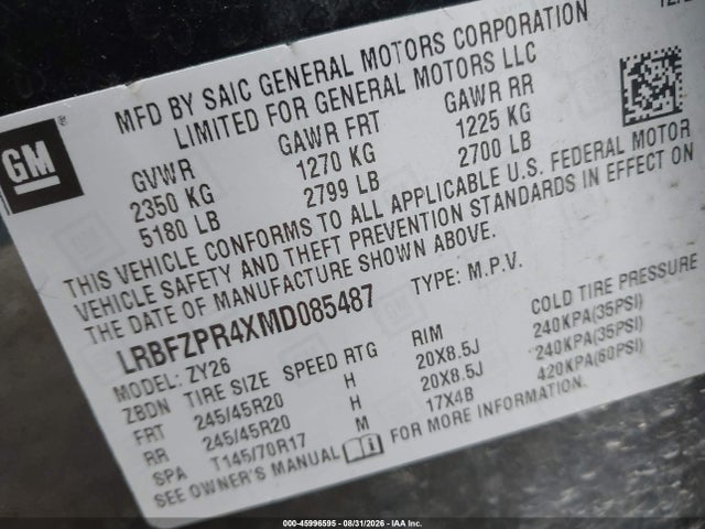 Auction sale of the 2021 Buick Envision Awd Essence, vin: LRBFZPR4XMD085487, lot number: 45996595