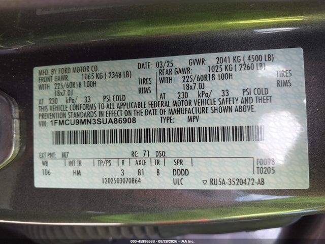 2025 Ford Escape St-line მანქანა იყიდება აუქციონზე, vin: 1FMCU9MN3SUA86908, აუქციონის ნომერი: 45996598