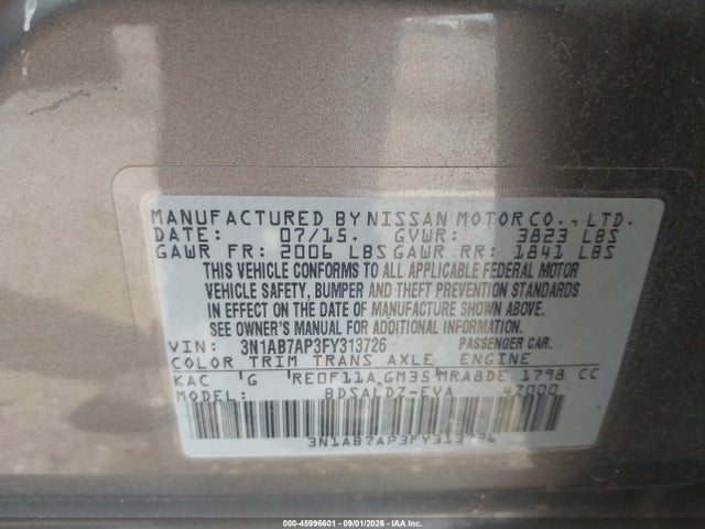 2015 Nissan Sentra Sv მანქანა იყიდება აუქციონზე, vin: 3N1AB7AP3FY313726, აუქციონის ნომერი: 45996601