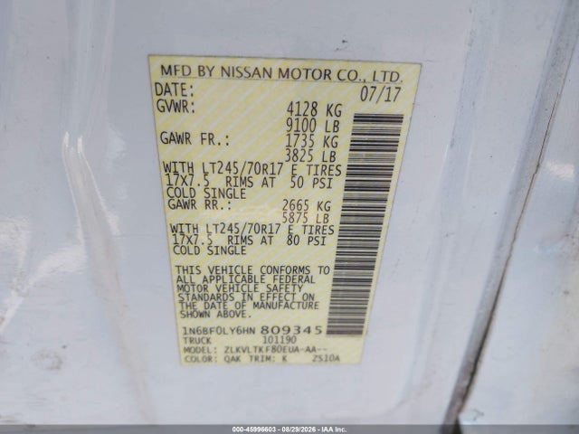 Aukcja sprzedaży 2017 Nissan Nv Cargo Nv2500 Hd Sv V6, vin: 1N6BF0LY6HN809345, numer aukcji: 45996603