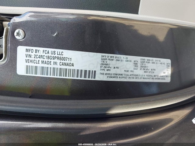 2023 Chrysler Pacifica Touring L მანქანა იყიდება აუქციონზე, vin: 2C4RC1BG9PR600711, აუქციონის ნომერი: 45996606