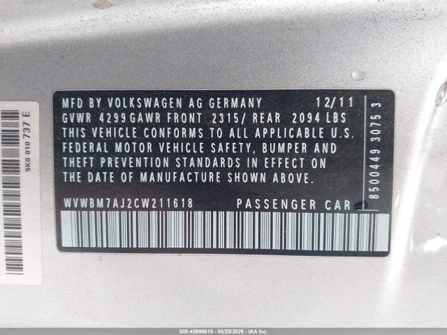 45996610 :رقم المزاد ، WVWBM7AJ2CW211618 vin ، 2012 Volkswagen Golf Tdi 2-door مزاد بيع