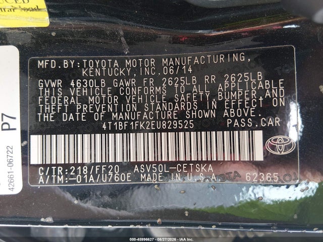 2014 Toyota Camry Se მანქანა იყიდება აუქციონზე, vin: 4T1BF1FK2EU829525, აუქციონის ნომერი: 45996627