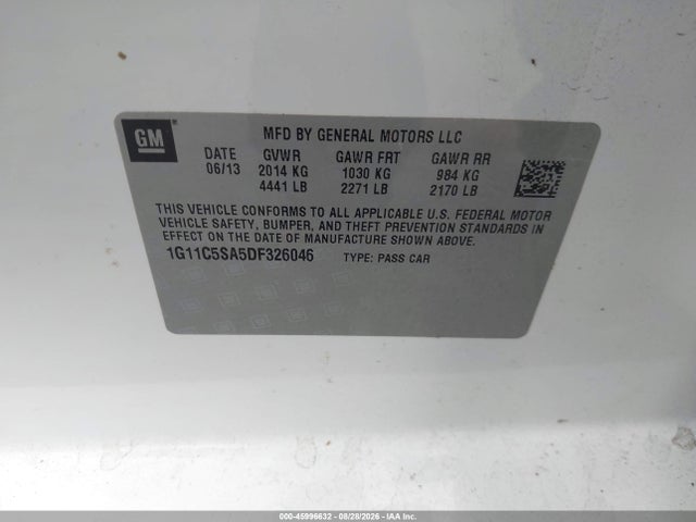 45996632 :رقم المزاد ، 1G11C5SA5DF326046 vin ، 2013 Chevrolet Malibu 1lt مزاد بيع