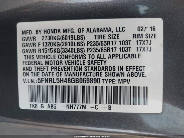 45996640 :رقم المزاد ، 5FNRL5H48GB069890 vin ، 2016 Honda Odyssey Ex مزاد بيع