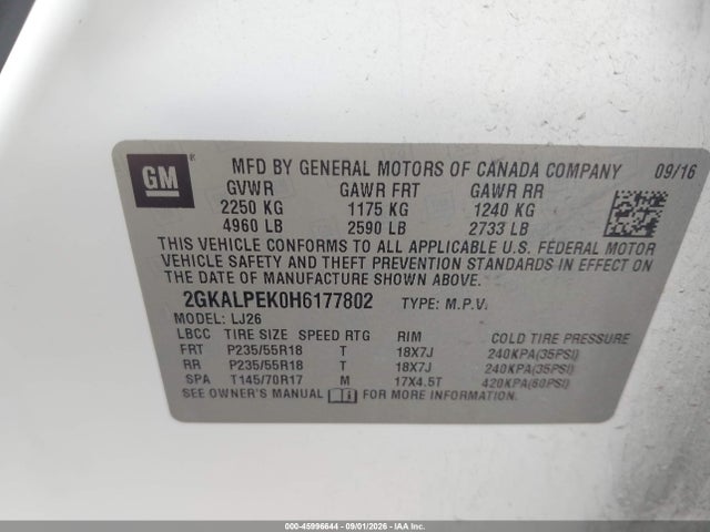 45996644 :رقم المزاد ، 2GKALPEK0H6177802 vin ، 2017 Gmc Terrain Slt مزاد بيع