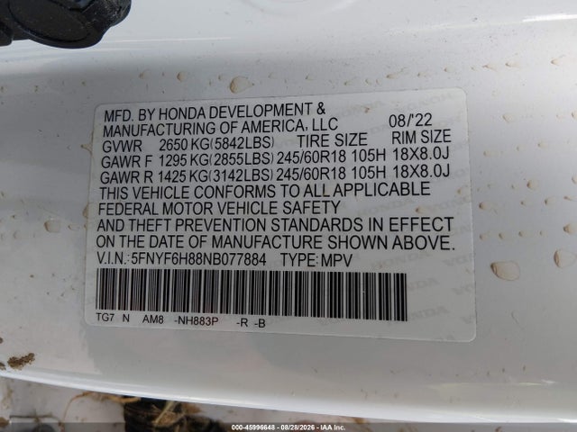 Продаж на аукціоні авто 2022 Honda Pilot Awd Trailsport, vin: 5FNYF6H88NB077884, номер лоту: 45996648