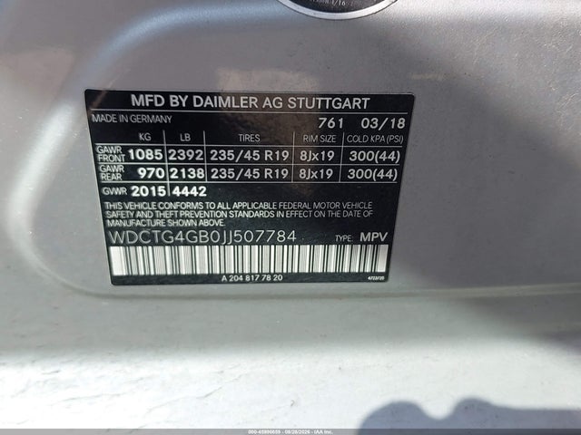 45996659 :رقم المزاد ، WDCTG4GB0JJ507784 vin ، 2018 Mercedes-benz Gla Gla 250 مزاد بيع