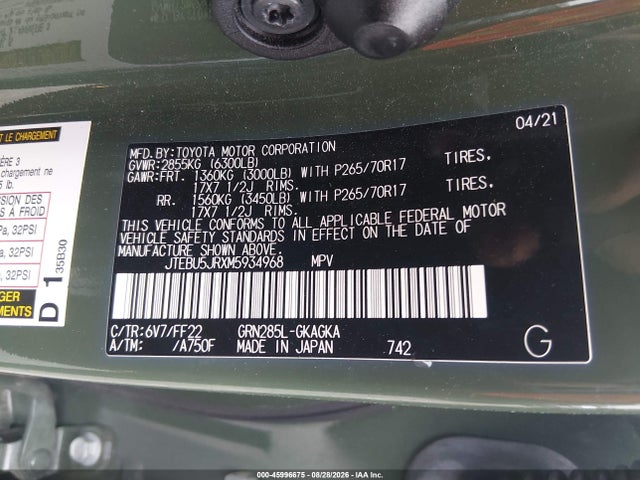 Aukcja sprzedaży 2021 Toyota 4runner Trail Special Edition, vin: JTEBU5JRXM5934968, numer aukcji: 45996675