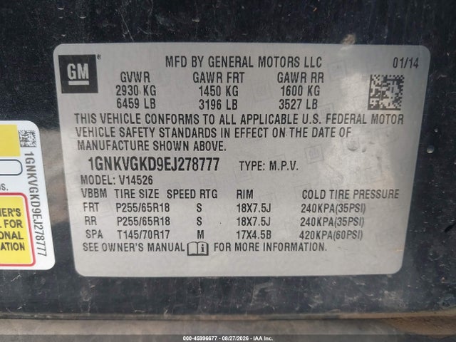 45996677 :رقم المزاد ، 1GNKVGKD9EJ278777 vin ، 2014 Chevrolet Traverse 1lt مزاد بيع