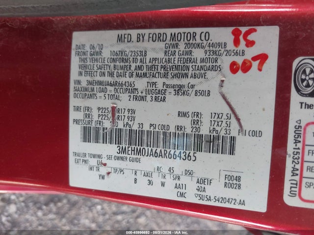 Продаж на аукціоні авто 2010 Mercury Milan Premier, vin: 3MEHM0JA6AR664365, номер лоту: 45996692