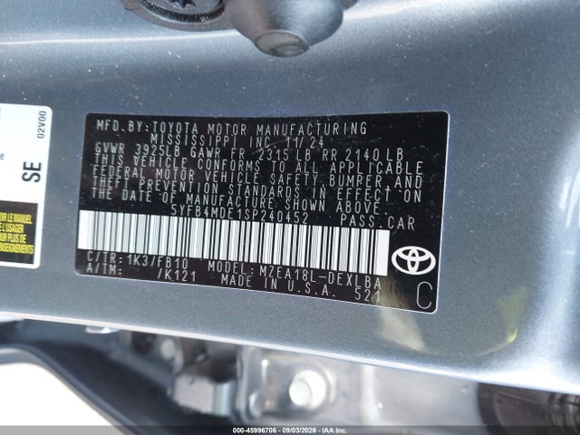 Aukcja sprzedaży 2025 Toyota Corolla Le, vin: 5YFB4MDE1SP240452, numer aukcji: 45996706