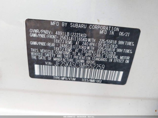 Aukcja sprzedaży 2021 Subaru Forester Limited, vin: JF2SKASC3MH552259, numer aukcji: 45996722