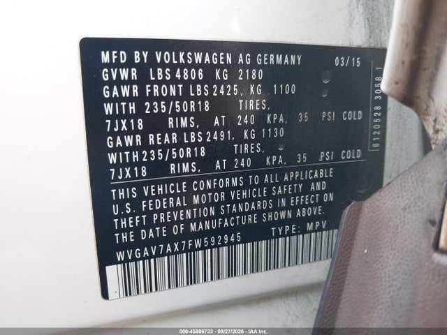 WVGAV7AX7FW592945 Volkswagen TIGUAN SE