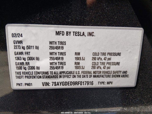 45996728 :رقم المزاد ، 7SAYGDED9RF017916 vin ، 2024 Tesla Model Y مزاد بيع