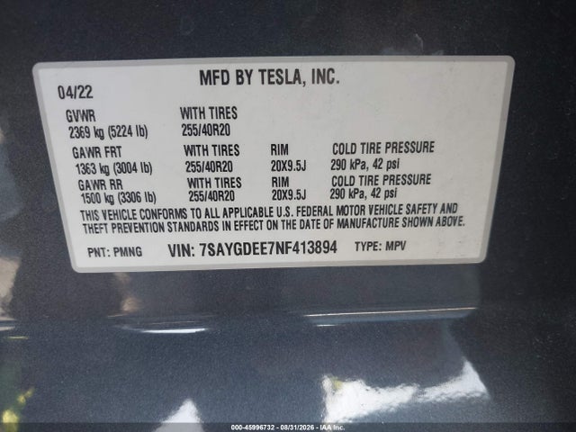 2022 Tesla Model Y Long Range Dual Motor All-wheel Drive მანქანა იყიდება აუქციონზე, vin: 7SAYGDEE7NF413894, აუქციონის ნომერი: 45996732
