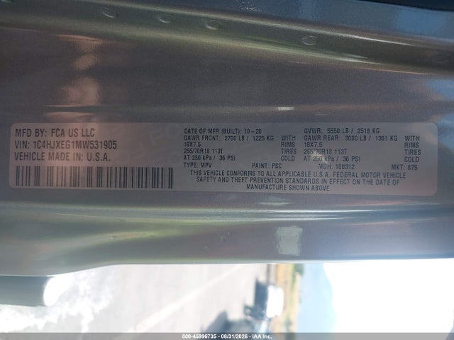 Продажа на аукционе авто 2021 Jeep Wrangler Unlimited Sahara 4x4, vin: 1C4HJXEG1MW531905, номер лота: 45996735