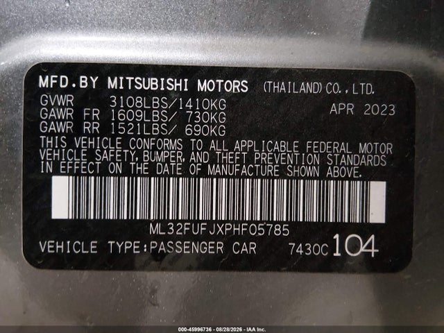 Aukcja sprzedaży 2023 Mitsubishi Mirage G4 Black Edition/es/le, vin: ML32FUFJXPHF05785, numer aukcji: 45996736