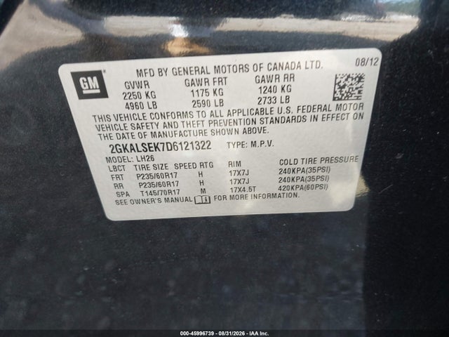 Продаж на аукціоні авто 2013 Gmc Terrain Sle-2, vin: 2GKALSEK7D6121322, номер лоту: 45996739