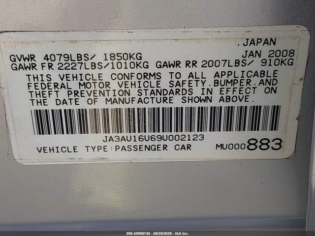 45996745 :رقم المزاد ، JA3AU16U69U002123 vin ، 2009 Mitsubishi Lancer De مزاد بيع