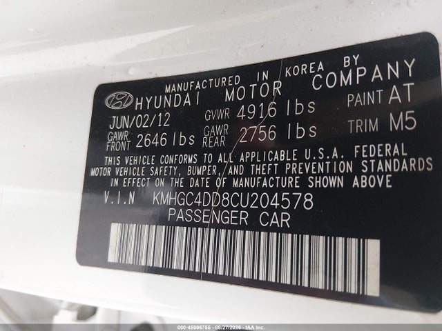 45996755 :رقم المزاد ، KMHGC4DD8CU204578 vin ، 2012 Hyundai Genesis 3.8 مزاد بيع