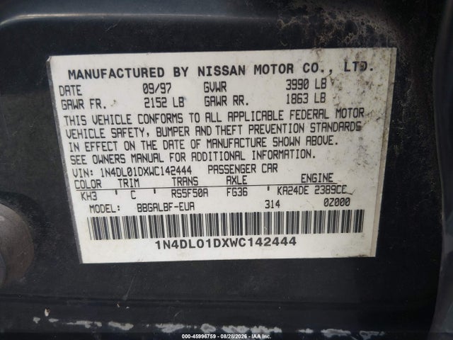 Aukcja sprzedaży 1998 Nissan Altima Gle/gxe/se/xe, vin: 1N4DL01DXWC142444, numer aukcji: 45996759