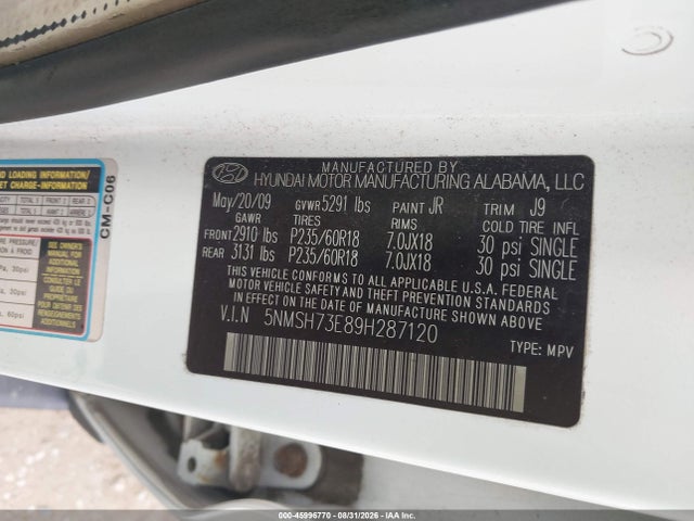 45996770 :رقم المزاد ، 5NMSH73E89H287120 vin ، 2009 Hyundai Santa Fe Limited مزاد بيع