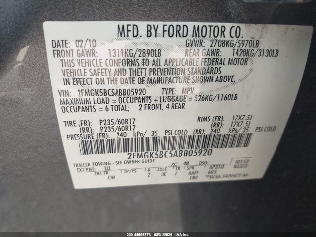 Продаж на аукціоні авто 2010 Ford Flex Se, vin: 2FMGK5BC5ABB05920, номер лоту: 45996778
