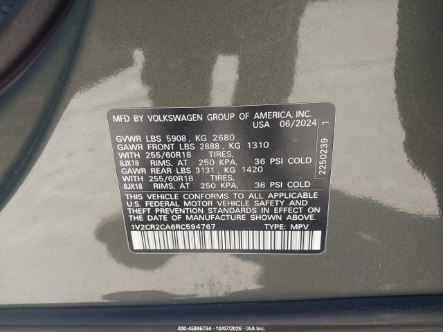 45996784 :رقم المزاد ، 1V2CR2CA6RC594767 vin ، 2024 Volkswagen Atlas 2.0t Peak Edition Se W/technology مزاد بيع