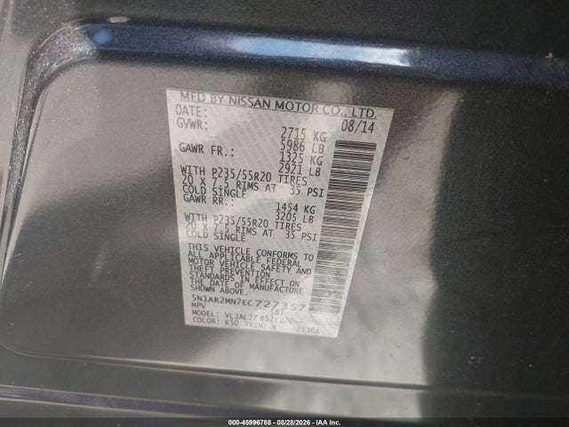 Продаж на аукціоні авто 2014 Nissan Pathfinder Platinum, vin: 5N1AR2MN7EC727357, номер лоту: 45996788