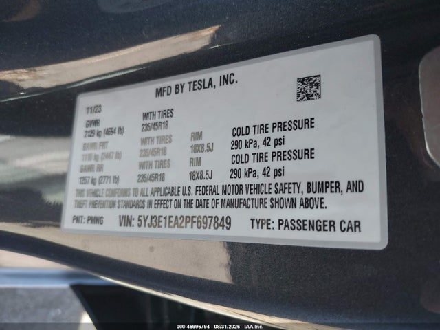 Tesla Model 3 Rear-wheel Drive 2023 5YJ3E1EA2PF697849 Image 9