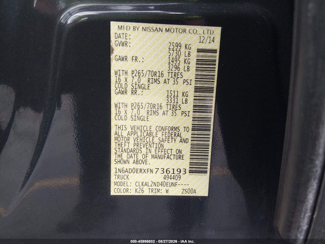 Продажа на аукционе авто 2015 Nissan Frontier Sv, vin: 1N6AD0ERXFN736193, номер лота: 45996802