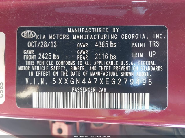 45996811 :رقم المزاد ، 5XXGN4A7XEG279496 vin ، 2014 Kia Optima Ex مزاد بيع