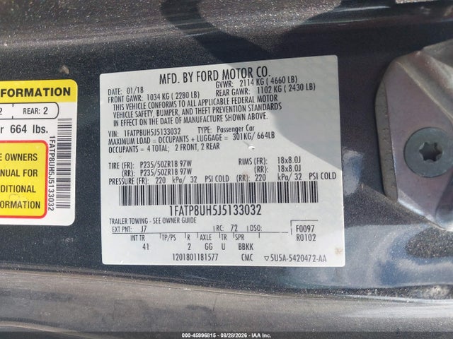 45996815 :رقم المزاد ، 1FATP8UH5J5133032 vin ، 2018 Ford Mustang Ecoboost Premium مزاد بيع