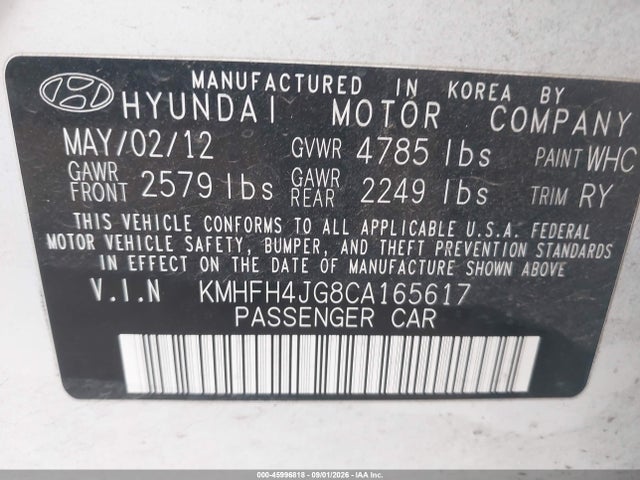Продаж на аукціоні авто 2012 Hyundai Azera, vin: KMHFH4JG8CA165617, номер лоту: 45996818