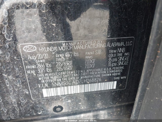 2020 Hyundai Santa Fe Sel მანქანა იყიდება აუქციონზე, vin: 5NMS3CAD7LH268826, აუქციონის ნომერი: 45996826