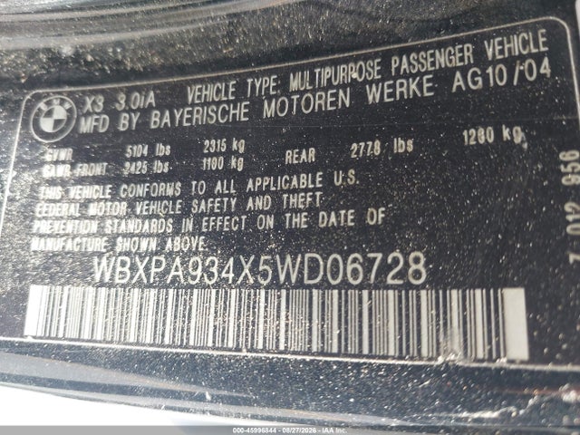 Aukcja sprzedaży 2005 Bmw X3 3.0i, vin: WBXPA934X5WD06728, numer aukcji: 45996844