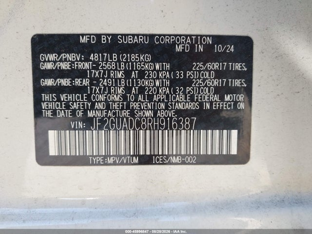 2024 Subaru Crosstrek Premium მანქანა იყიდება აუქციონზე, vin: JF2GUADC8RH916387, აუქციონის ნომერი: 45996847