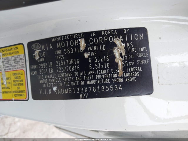 Aukcja sprzedaży 2007 Kia Sedona, vin: KNDMB133X76135534, numer aukcji: 45996855