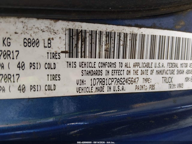 2010 Dodge Ram 1500 St მანქანა იყიდება აუქციონზე, vin: 1D7RB1CP7AS245647, აუქციონის ნომერი: 45996869