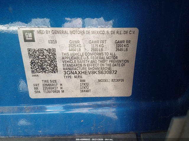 Aukcja sprzedaży 2019 Chevrolet Equinox Ls, vin: 3GNAXHEV8KS630872, numer aukcji: 45996882