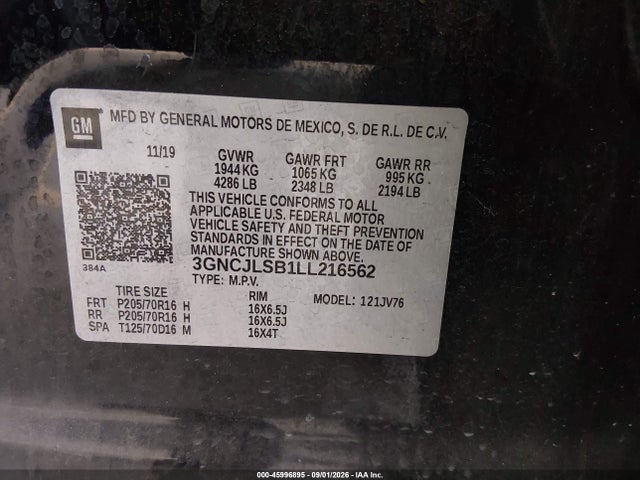 Продажа на аукционе авто 2020 Chevrolet Trax Fwd Lt, vin: 3GNCJLSB1LL216562, номер лота: 45996895