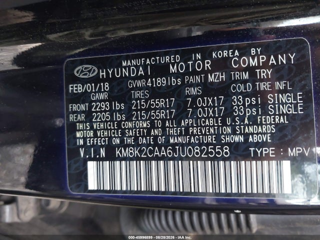 45996899 :رقم المزاد ، KM8K2CAA6JU082558 vin ، 2018 Hyundai Kona Sel مزاد بيع