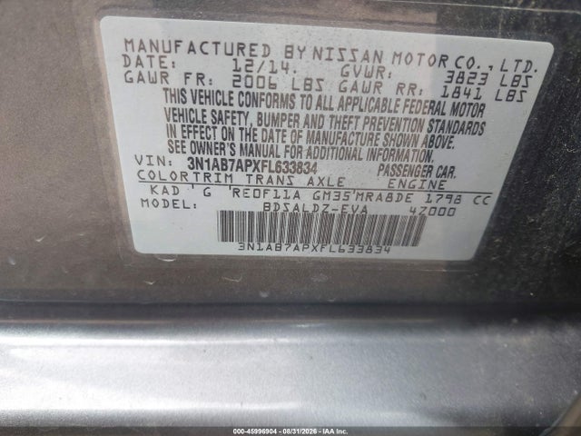 2015 Nissan Sentra Sv მანქანა იყიდება აუქციონზე, vin: 3N1AB7APXFL633834, აუქციონის ნომერი: 45996904